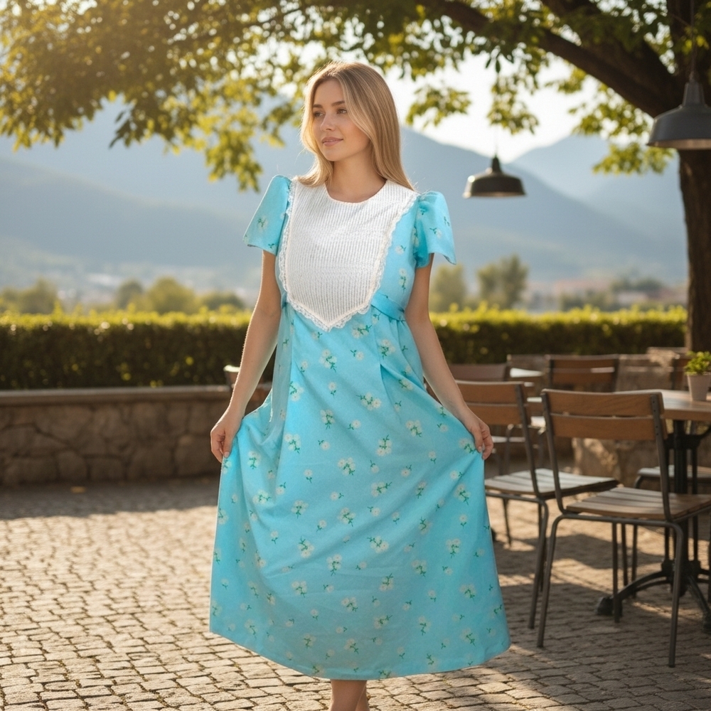 VTG Prairie Maxi Dress Floral Flocked Blue Lace‎ Puff Sleeve 1970s Coquette Sz L